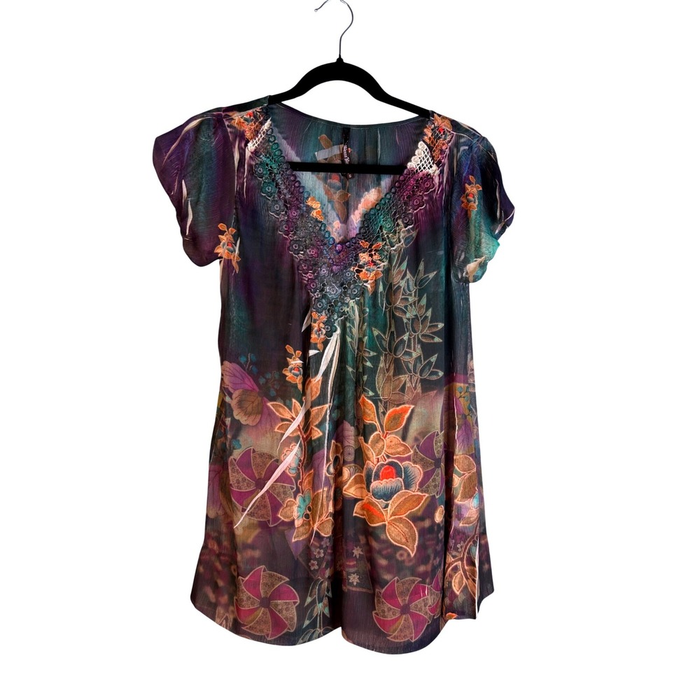 Sienna Rose Y2K Boho Sheer Purple Floral Crochet Lace V-Neck Top Size Small